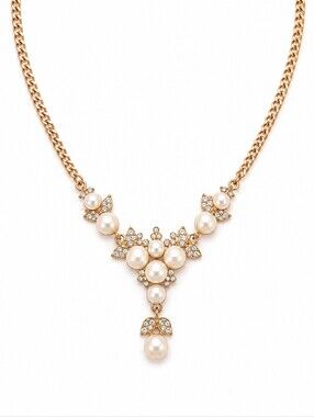 Vintage Faux Pearl Rhinestone Drop Necklace Gold Tone Elegant Statement Jewelry